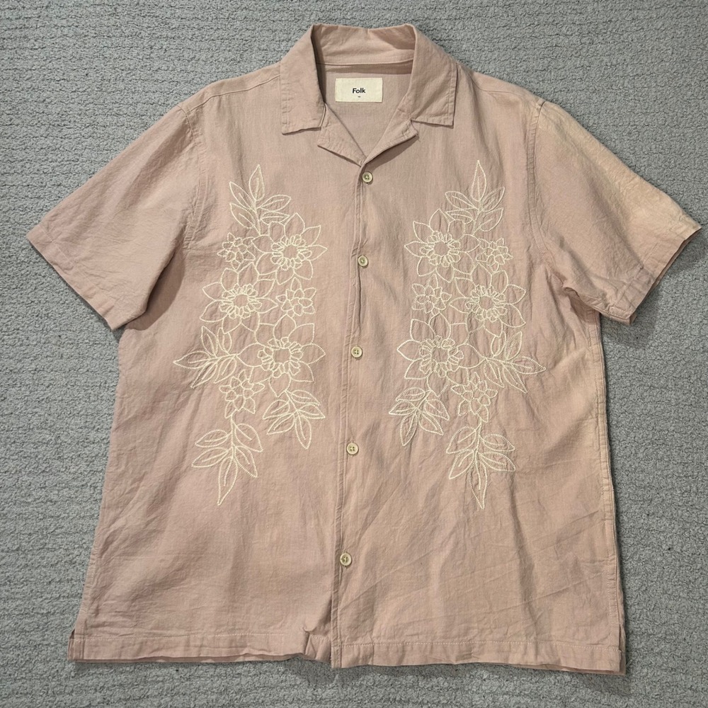 Folk Shirt Embroidered Camp Collar Medium Rose Pink Linen Cotton Boho Minimalist